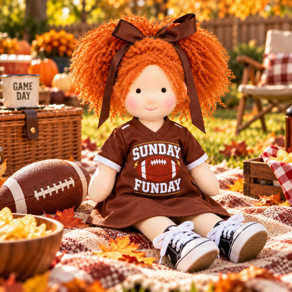 BlissfulPixie 12" Handmade Waldorf Doll, Soft Cloth Doll with Orange Curly Pigtails, Brown Football Jersey Dress, Sunday Funday Sports-Themed Rag Doll, Birthday & Christmas Gift