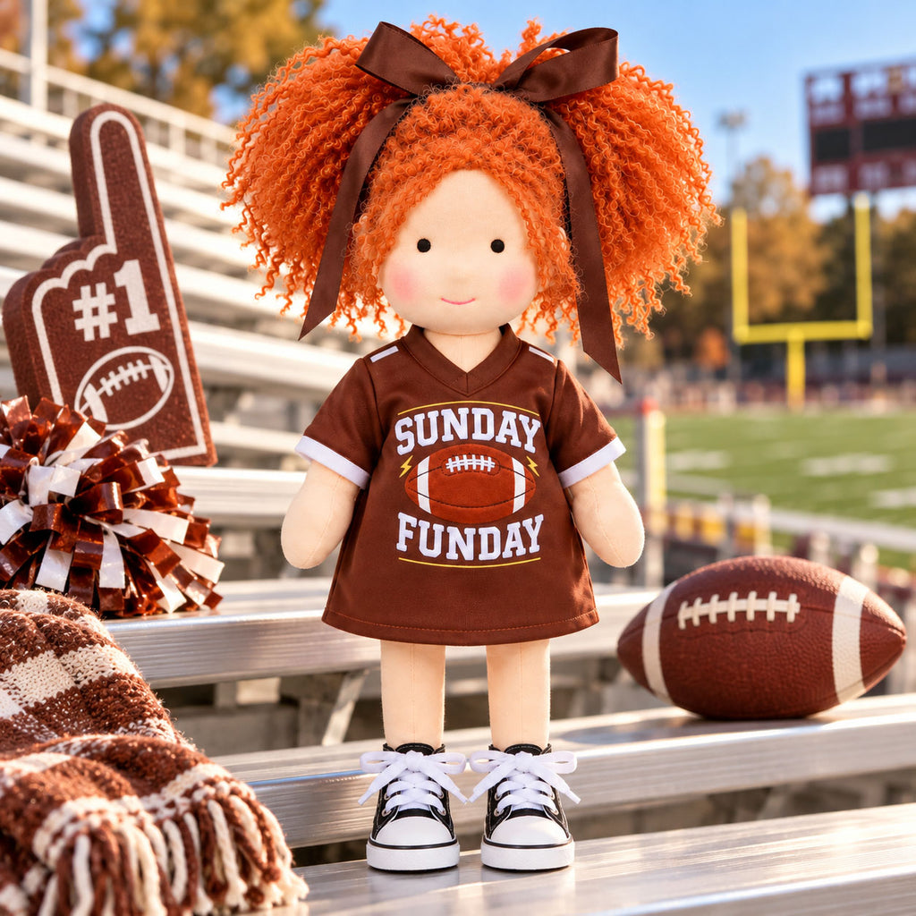 BlissfulPixie 12" Handmade Waldorf Doll, Soft Cloth Doll with Orange Curly Pigtails, Brown Football Jersey Dress, Sunday Funday Sports-Themed Rag Doll, Birthday & Christmas Gift