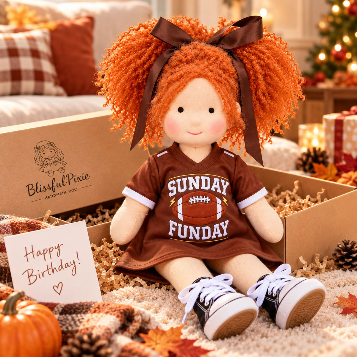 BlissfulPixie 12" Handmade Waldorf Doll, Soft Cloth Doll with Orange Curly Pigtails, Brown Football Jersey Dress, Sunday Funday Sports-Themed Rag Doll, Birthday & Christmas Gift