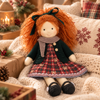 BlissfulPixie 12-Inch Handmade Waldorf Christmas Doll with Orange Curly Hair, Green Knitted Cardigan, Red Plaid Holiday Dress & Cozy Scarf – Christmas Gift for Kids