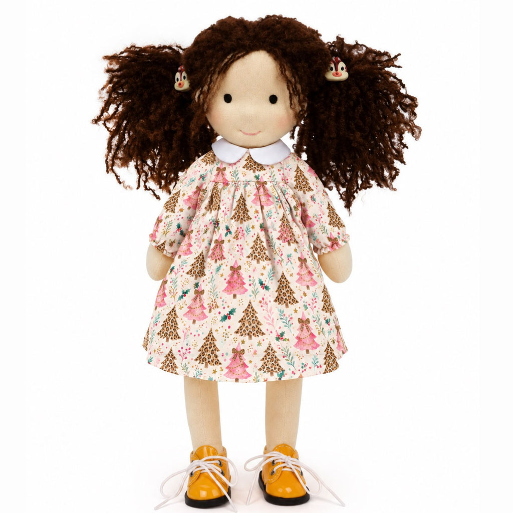 BlissfulPixie 12 Inch Waldorf Doll, Soft Fabric Girl Doll with Curly Brown Hair, Christmas Tree Print Dress and Lace-Up Shoes, Holiday Gift for Kids