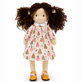 BlissfulPixie 12 Inch Waldorf Doll, Soft Fabric Girl Doll with Curly Brown Hair, Christmas Tree Print Dress and Lace-Up Shoes, Holiday Gift for Kids