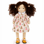 BlissfulPixie 12 Inch Waldorf Doll, Soft Fabric Girl Doll with Curly Brown Hair, Christmas Tree Print Dress and Lace-Up Shoes, Holiday Gift for Kids