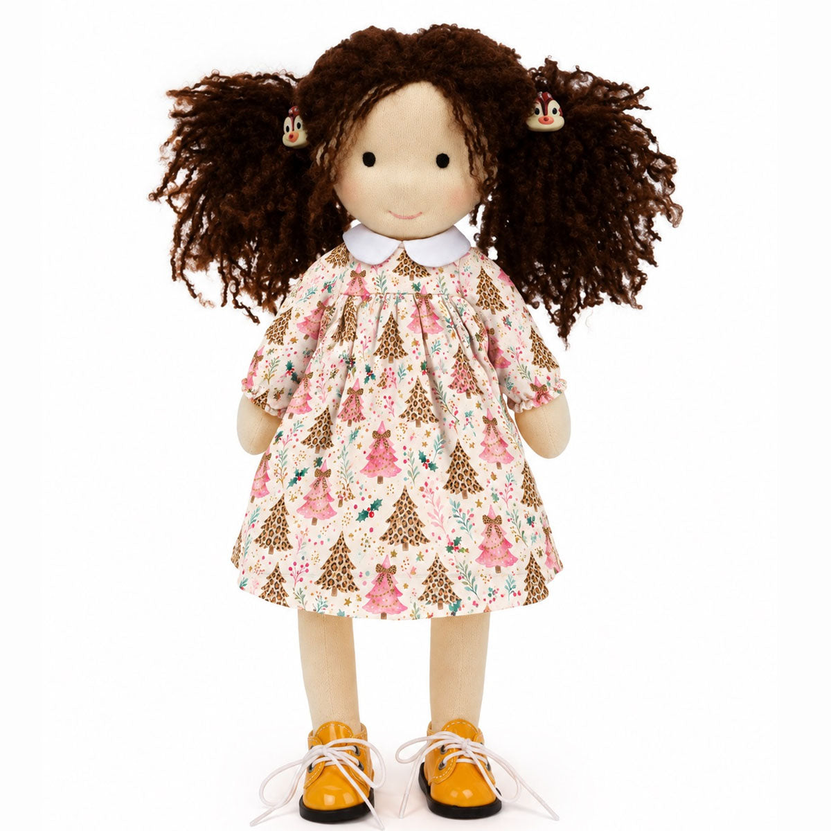 BlissfulPixie 12 Inch Waldorf Doll, Soft Fabric Girl Doll with Curly Brown Hair, Christmas Tree Print Dress and Lace-Up Shoes, Holiday Gift for Kids