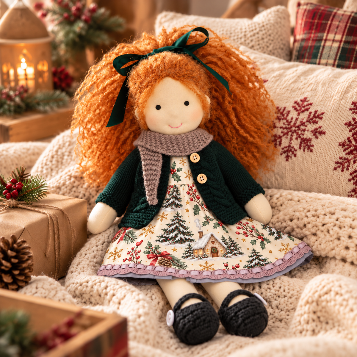 BlissfulPixie 12-Inch Handmade Waldorf Christmas Doll with Orange Curly Hair, Green Knitted Cardigan, Cozy Scarf & Festive Holiday Dress – Christmas Gift for Kids