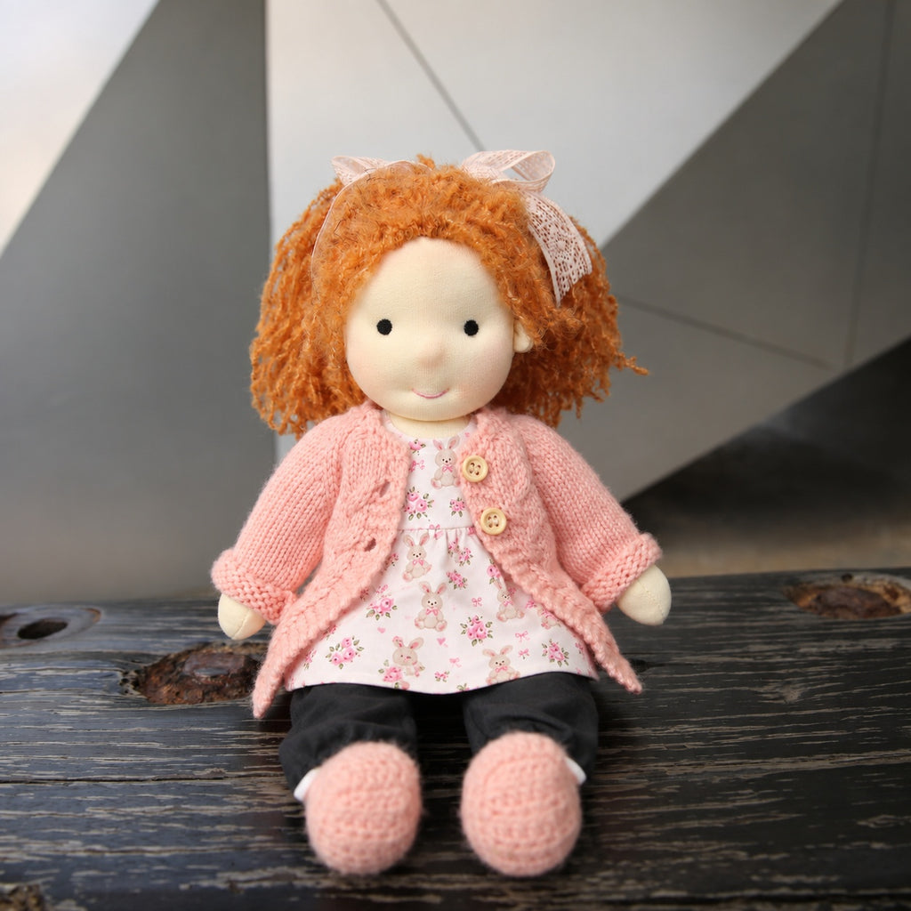 BlissfulPixie 12-Inch Waldorf-Style Doll with Orange Curly Hair, Pink Knitted Cardigan, Bunny Floral Print Top, Black Pants & Pink Knitted Shoes – Cute Gift for Kids