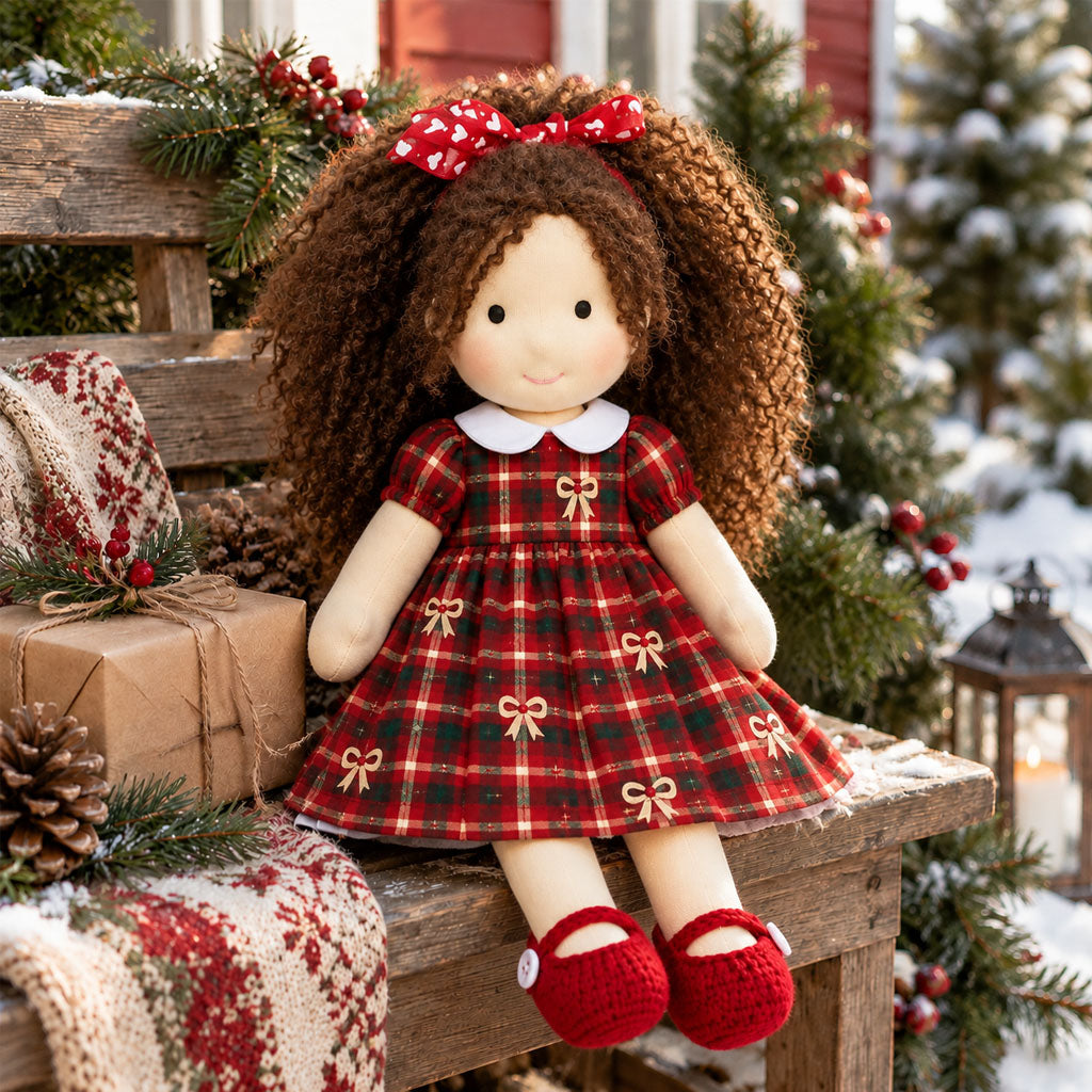 BlissfulPixie 12-Inch Waldorf Doll, Red and Green Plaid Christmas Dress, Curly Brown Hair with Red Heart Bow, Red Knit Mary Jane Shoes, Cute Holiday Gift for Kids
