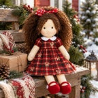 BlissfulPixie 12-Inch Waldorf Doll, Red and Green Plaid Christmas Dress, Curly Brown Hair with Red Heart Bow, Red Knit Mary Jane Shoes, Cute Holiday Gift for Kids