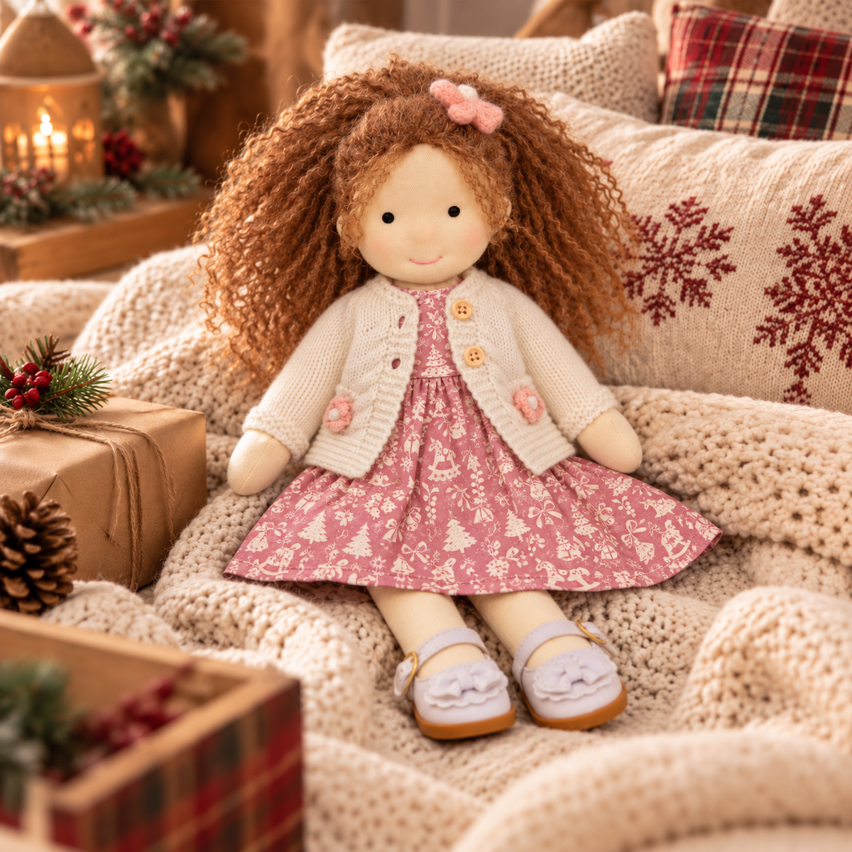BlissfulPixie 12-Inch Handmade Waldorf Christmas Doll with Brown Curly Hair, Pink Holiday Dress, Cream Knitted Cardigan & Bow Shoes – Christmas Gift for Kids