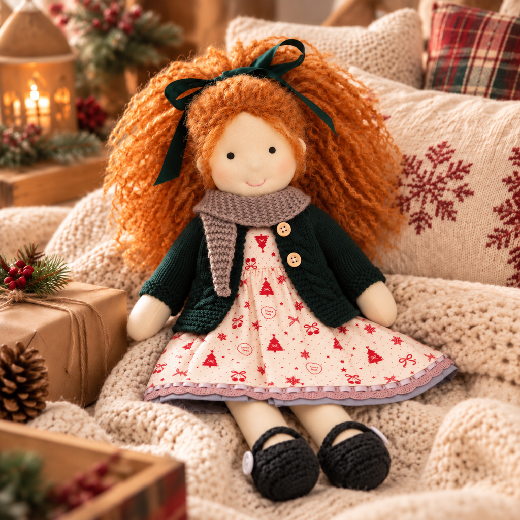BlissfulPixie 12-Inch Handmade Waldorf Christmas Doll with Orange Curly Pigtails, Green Knitted Cardigan, Festive Christmas Tree Dress & Brown Shoes – Holiday Gift for Kids