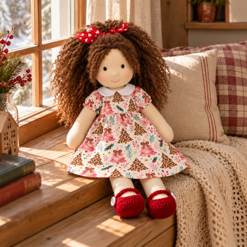 BlissfulPixie 12-Inch Handmade Waldorf Christmas Doll with Brown Curly Hair, Red Heart Bow, Pink Christmas Tree Dress & Red Knitted Shoes – Holiday Gift for Kids