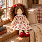 BlissfulPixie 12-Inch Handmade Waldorf Christmas Doll with Brown Curly Hair, Red Heart Bow, Pink Christmas Tree Dress & Red Knitted Shoes – Holiday Gift for Kids