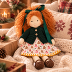 BlissfulPixie 12-Inch Handmade Waldorf Christmas Doll with Orange Curly Pigtails, Green Knitted Cardigan, Festive Christmas Tree Dress & Brown Shoes – Holiday Gift for Kids