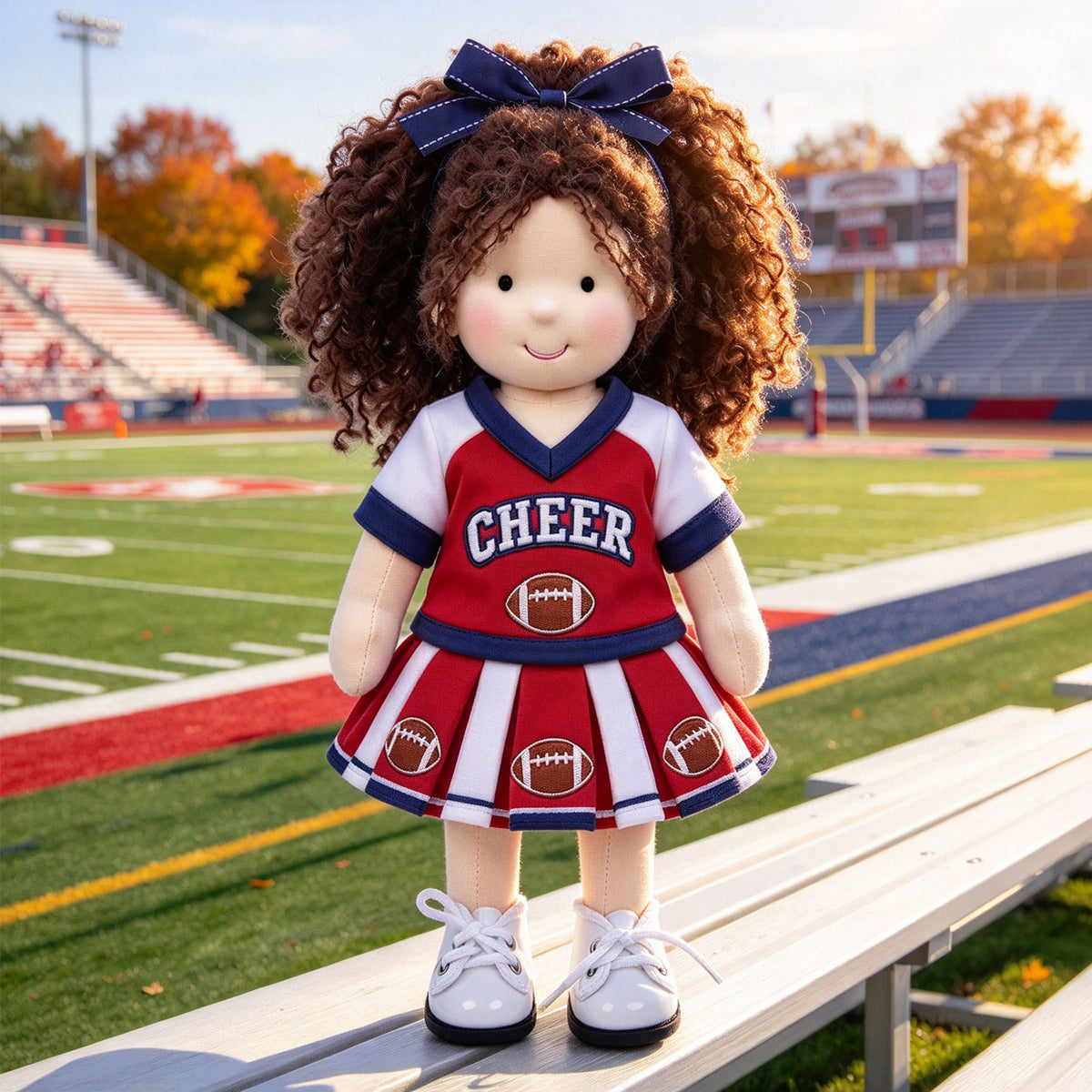Blissfulpixie 12-Inch Handmade Waldorf Doll – Cheerleader Doll with Curly Brown Hair, Red & White Football Outfit, Bow Headband & Sneakers
