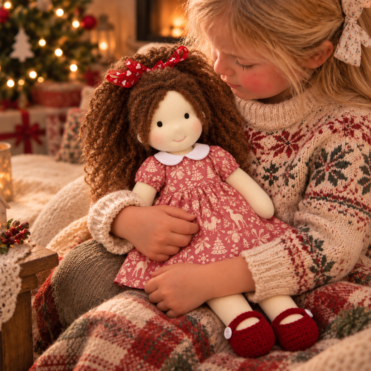 BlissfulPixie 12-Inch Handmade Waldorf Christmas Doll with Brown Curly Hair, Red Heart Bow, Pink Holiday Dress & Red Knitted Shoes – Christmas Gift for Kids