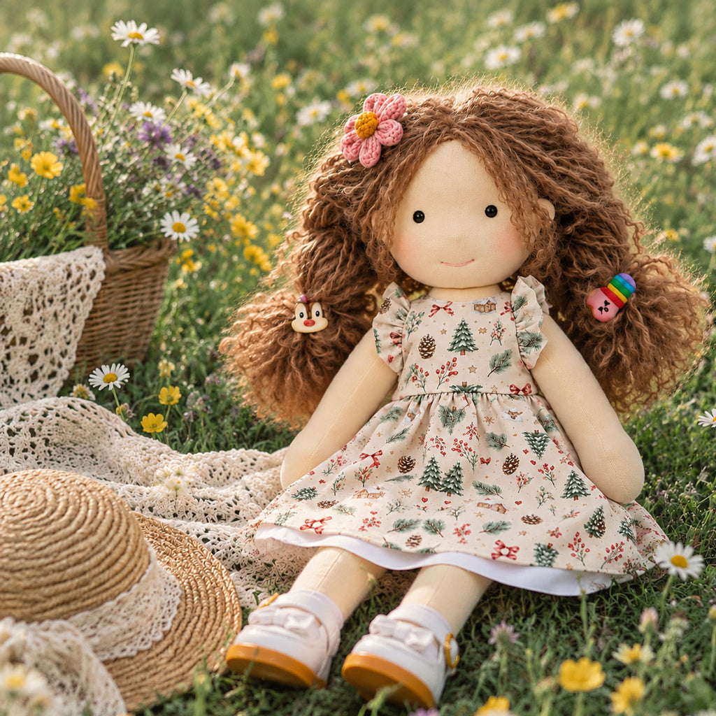 BlissfulPixie 12 Inch Waldorf Style Doll, Soft Fabric Girl Doll with Curly Brown Hair, Christmas Print Dress, Flower Hair Clip and White Bow Shoes, Holiday Gift for Kids