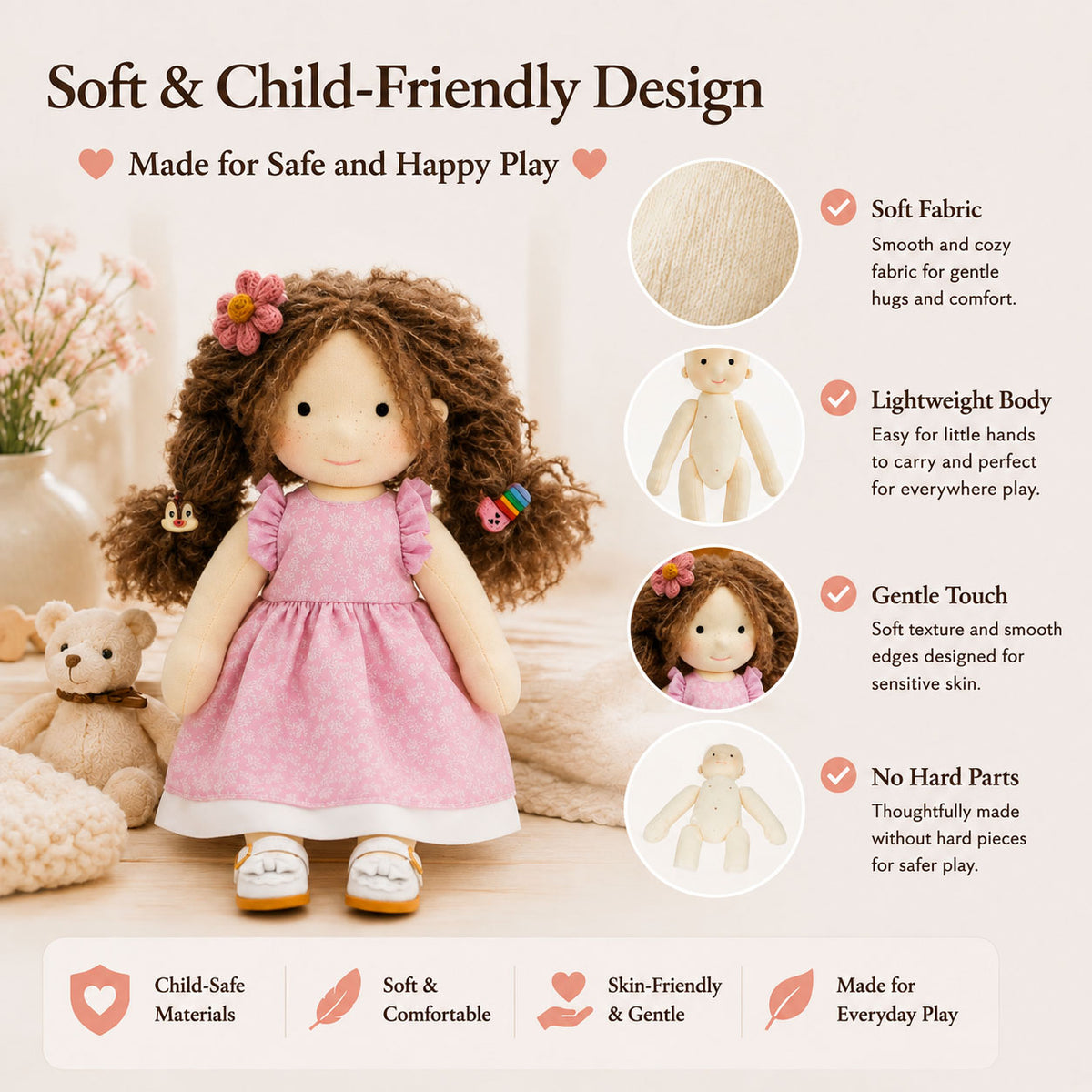 BlissfulPixie 12" Waldorf Doll Amy, Handmade Soft Rag Doll for Girls with DIY Hair Styling Kit, 4 Color Hair Set, Teddy Bear, Makeup Tools & Gift Box Set, Creative Birthday Christmas Gift-BlissfulPixie