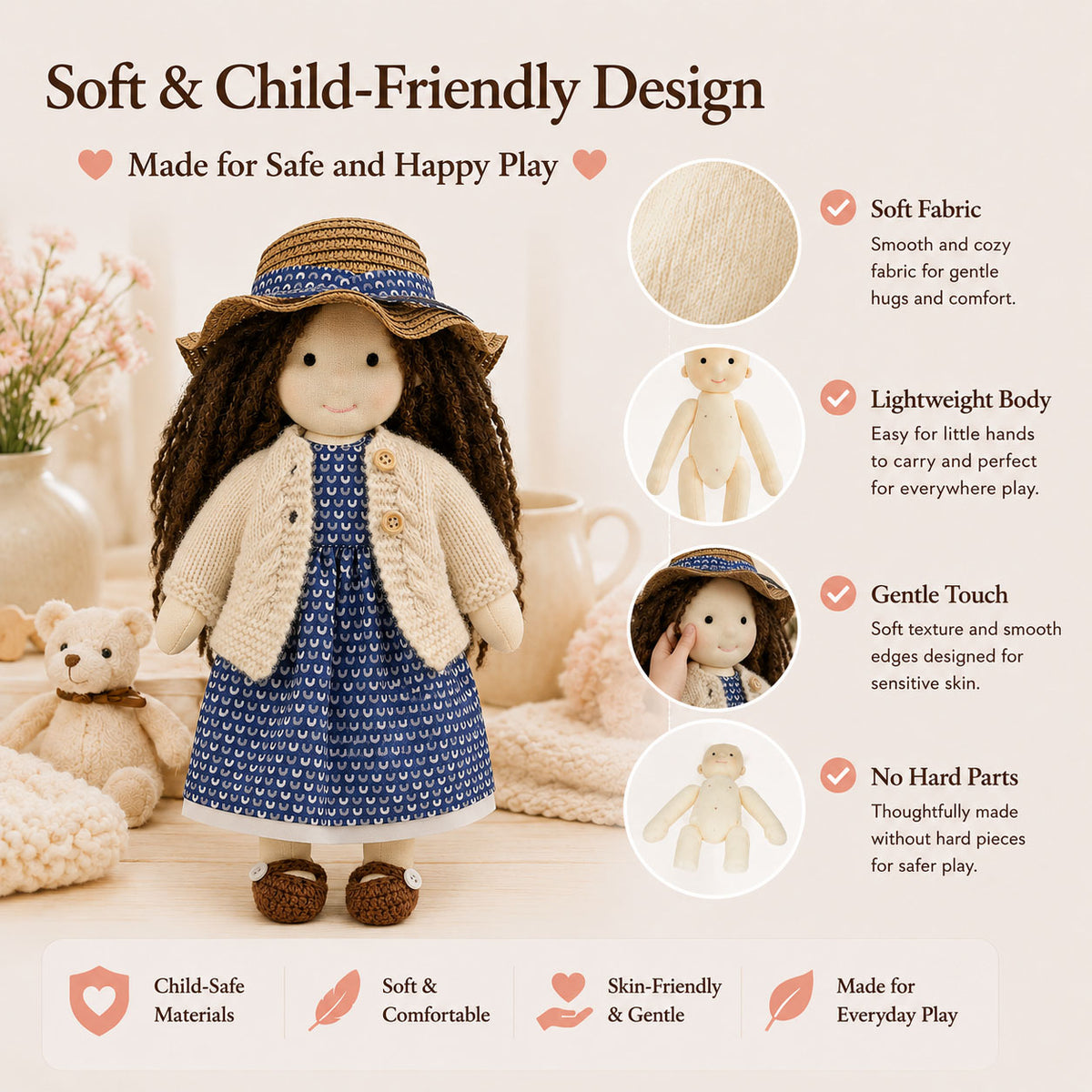 BlissfulPixie 12" Waldorf Doll Basia, Handmade Soft Rag Doll for Girls with DIY Hair Styling Kit, 4 Color Hair Set, Teddy Bear, Makeup Tools & Gift Box Set, Creative Birthday Christmas Gift-BlissfulPixie