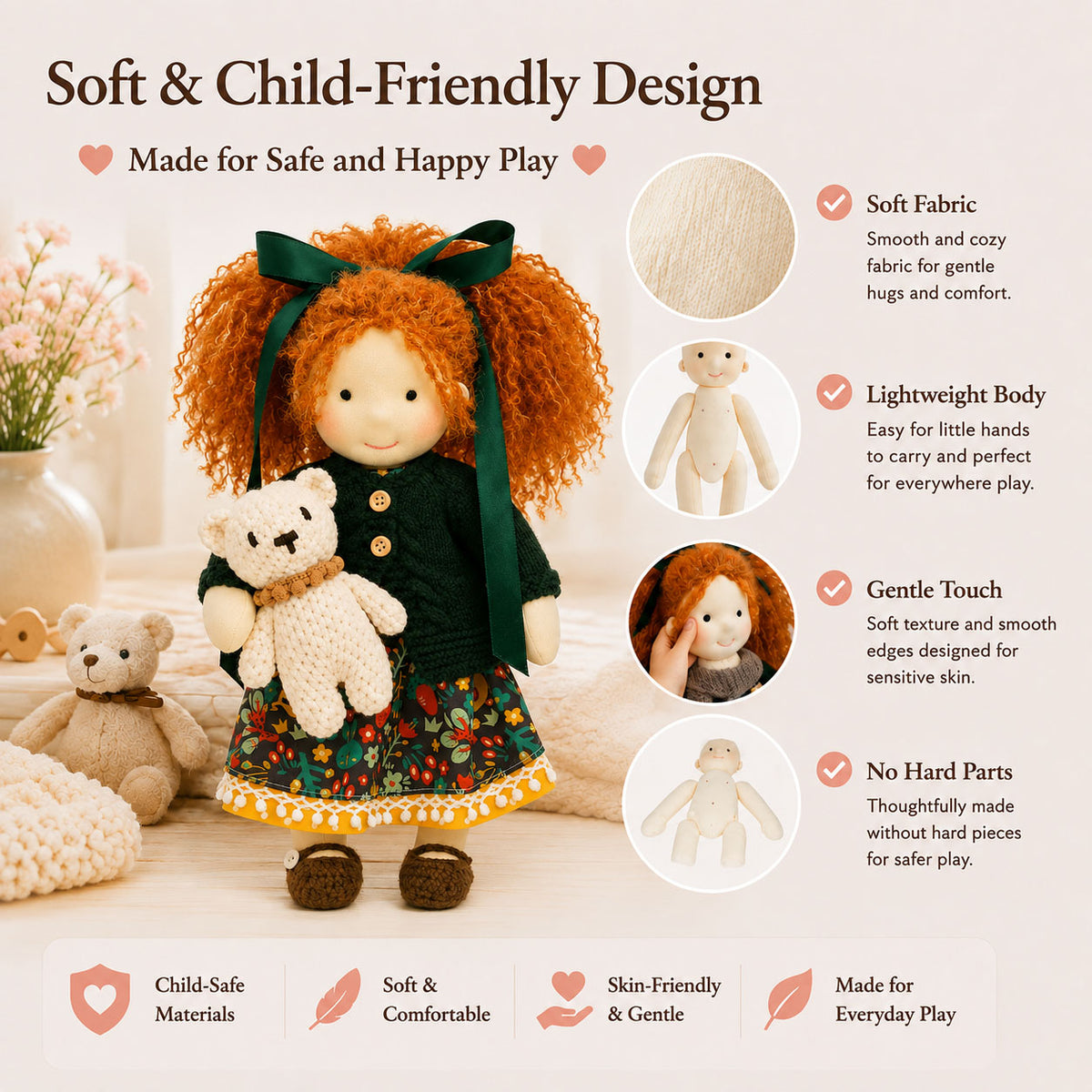 BlissfulPixie 12" Waldorf Doll Hanne, Handmade Soft Rag Doll for Girls with DIY Hair Styling Kit, 4 Color Hair Set, Teddy Bear, Makeup Tools & Gift Box Set, Creative Birthday Christmas Gift-BlissfulPixie