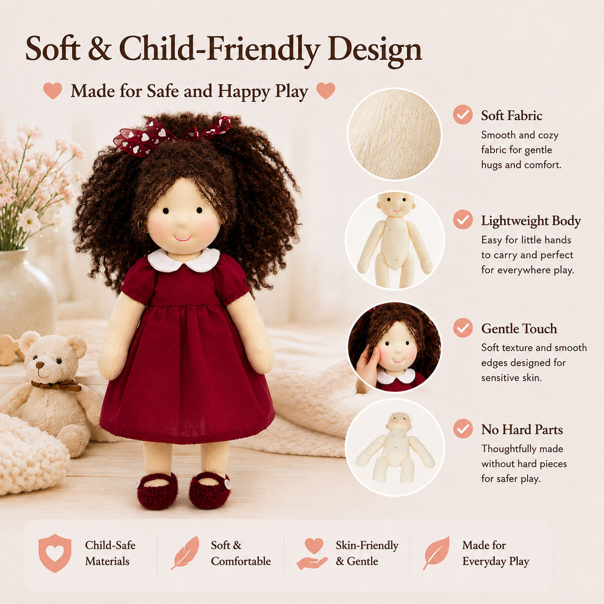 BlissfulPixie 12" Waldorf Doll Eleanor, Handmade Soft Rag Doll for Girls with DIY Hair Styling Kit, 4 Color Hair Set, Teddy Bear, Makeup Tools & Gift Box Set, Creative Birthday Christmas Gift-BlissfulPixie