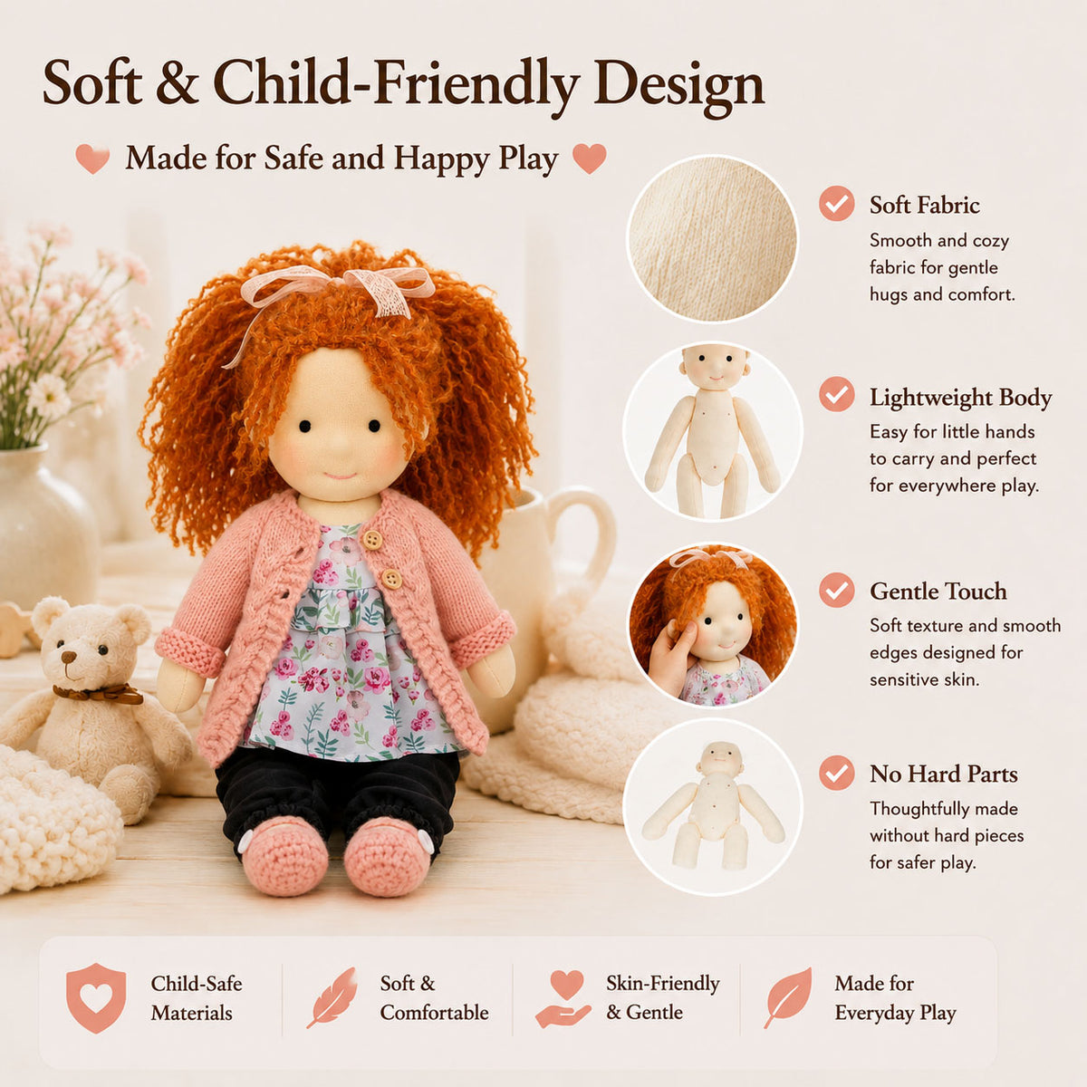 BlissfulPixie 12" Waldorf Doll Elsee, Handmade Soft Rag Doll for Girls with DIY Hair Styling Kit, 4 Color Hair Set, Teddy Bear, Makeup Tools & Gift Box Set, Creative Birthday Christmas Gift-BlissfulPixie