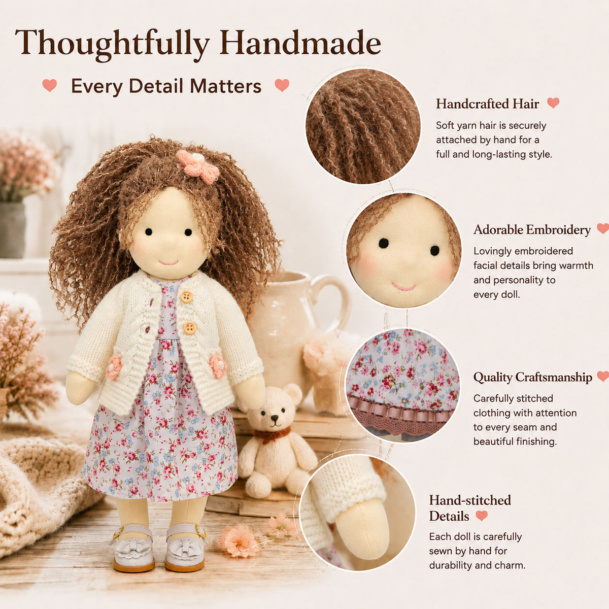 BlissfulPixie 12" Waldorf Doll Amber, Handmade Soft Rag Doll for Girls with DIY Hair Styling Kit, 4 Color Hair Set, Teddy Bear, Makeup Tools & Gift Box Set, Creative Birthday Christmas Gift-BlissfulPixie