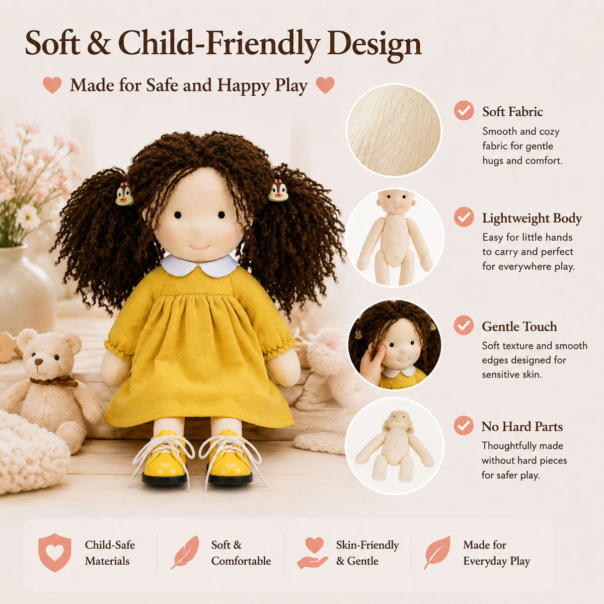 [Halloween Limited Edition ]BlissfulPixie 12" Waldorf Doll Inka , Handmade Soft Rag Doll for Girls with DIY Hair Styling Kit, 4 Color Hair Set, Teddy Bear, Makeup Tools & Gift Box Set, Creative Birthday Christmas Gift-BlissfulPixie