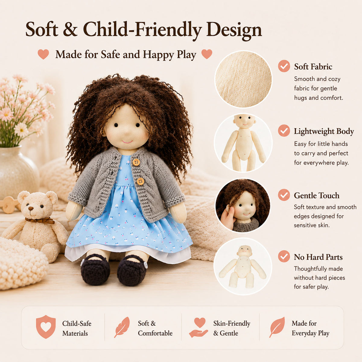 BlissfulPixie 12" Waldorf Doll Louise, Handmade Soft Rag Doll for Girls with DIY Hair Styling Kit, 4 Color Hair Set, Teddy Bear, Makeup Tools & Gift Box Set, Creative Birthday Christmas Gift-BlissfulPixie