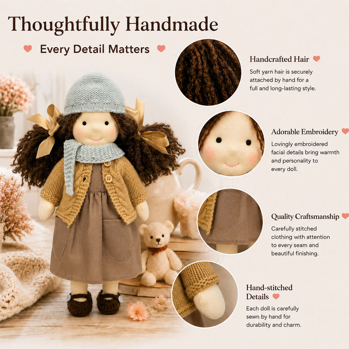 BlissfulPixie 12" Waldorf Doll Zoey, Handmade Soft Rag Doll for Girls with DIY Hair Styling Kit, 4 Color Hair Set, Teddy Bear, Makeup Tools & Gift Box Set, Creative Birthday Christmas Gift-BlissfulPixie