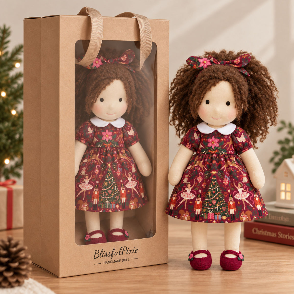 Eleanor Cute Handmade Doll for Girls, Christmas Rag Doll with Colorful Holiday Dress, Soft Fabric Doll with Gift Box Packaging, Adorable Keepsake Toy for Kids, Birthday and Holiday Gifts