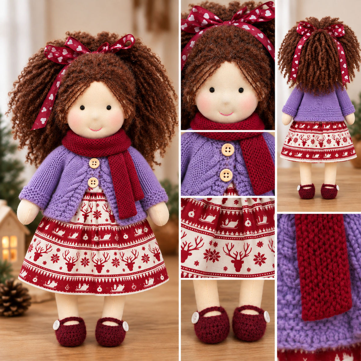 Eleanor - Cute Handmade Doll for Girls, Christmas Rag Doll with Colorful Holiday Dress, Soft Fabric Doll with Gift Box Packaging, Adorable Keepsake Toy for Kids, Birthday and Holiday Gifts