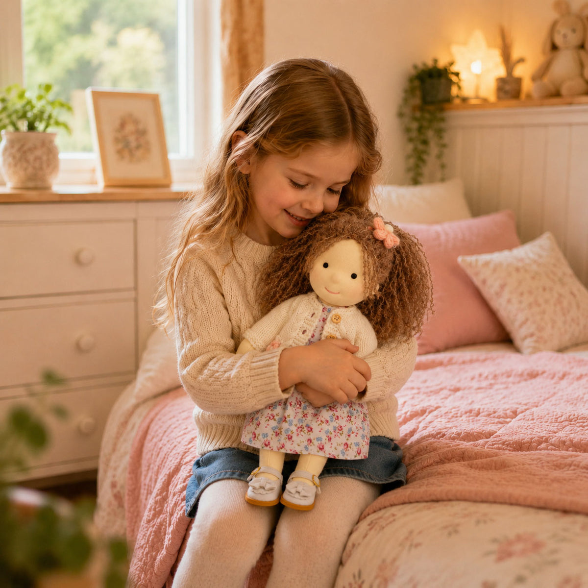 BlissfulPixie 12" Waldorf Doll Amber, Handmade Soft Rag Doll for Girls with DIY Hair Styling Kit, 4 Color Hair Set, Teddy Bear, Makeup Tools & Gift Box Set, Creative Birthday Christmas Gift-BlissfulPixie