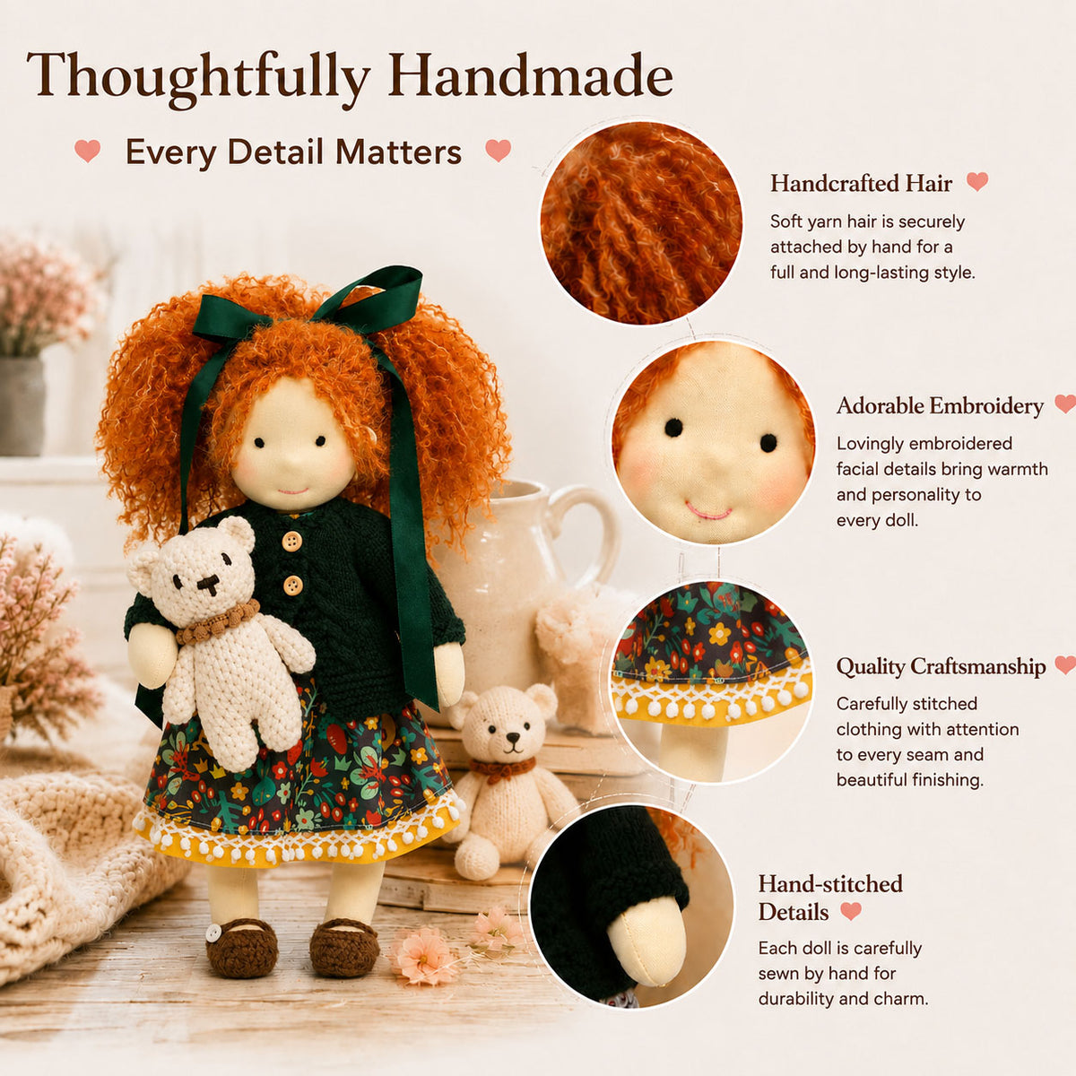 BlissfulPixie 12" Waldorf Doll Hanne, Handmade Soft Rag Doll for Girls with DIY Hair Styling Kit, 4 Color Hair Set, Teddy Bear, Makeup Tools & Gift Box Set, Creative Birthday Christmas Gift-BlissfulPixie