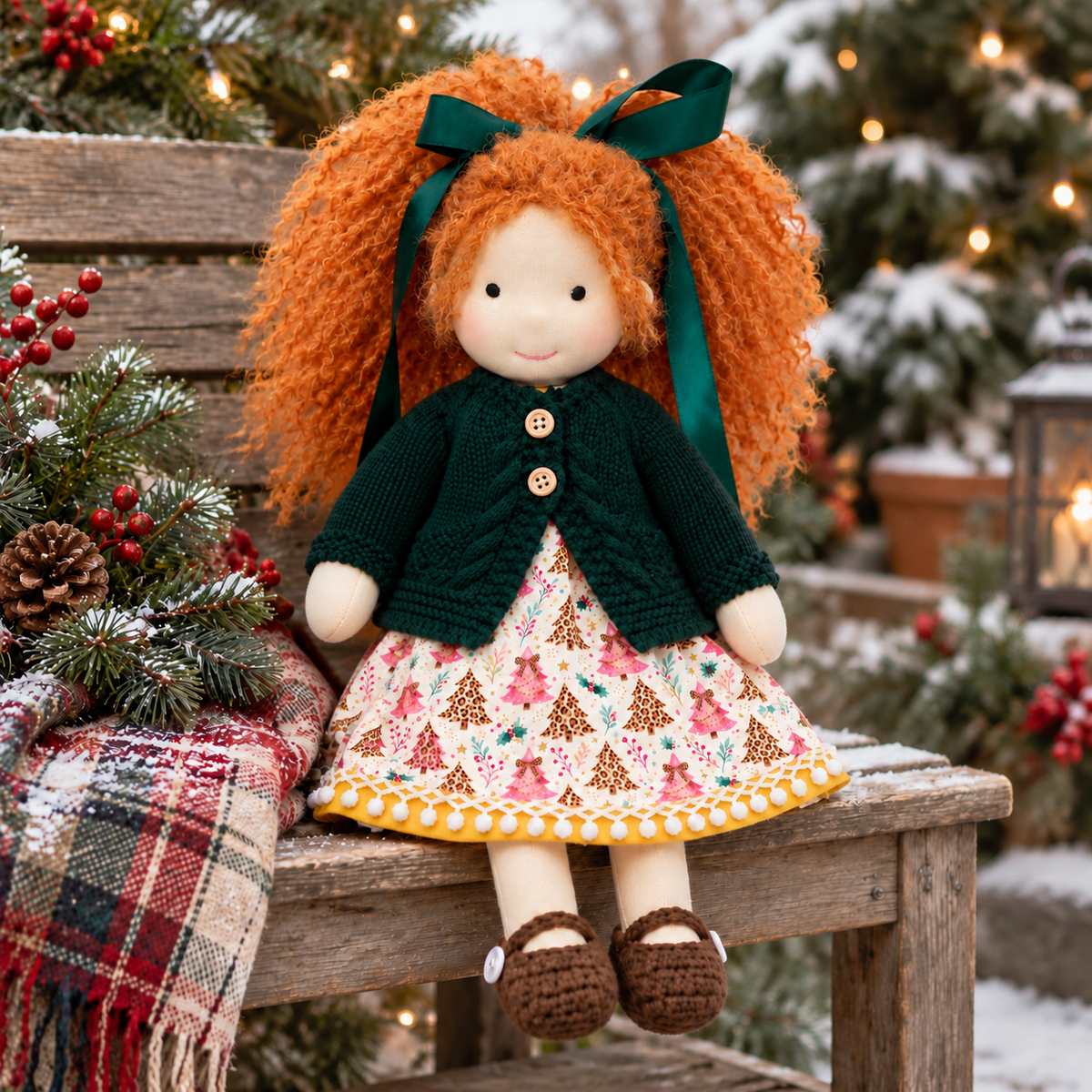 BlissfulPixie 12-Inch Handmade Waldorf Christmas Doll with Orange Curly Pigtails, Green Knitted Cardigan, Festive Christmas Tree Dress & Brown Shoes – Holiday Gift for Kids