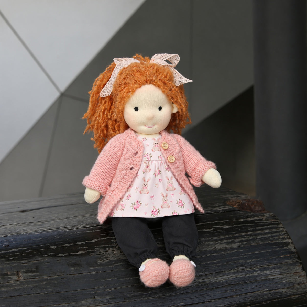 BlissfulPixie 12-Inch Waldorf-Style Doll with Orange Curly Hair, Pink Knitted Cardigan, Bunny Floral Print Top, Black Pants & Pink Knitted Shoes – Cute Gift for Kids