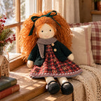 BlissfulPixie 12-Inch Waldorf Doll, Red Plaid Christmas Dress with Dark Green Knit Cardigan, Auburn Curly Hair & Matching Bow, Cute Holiday Gift for Kids