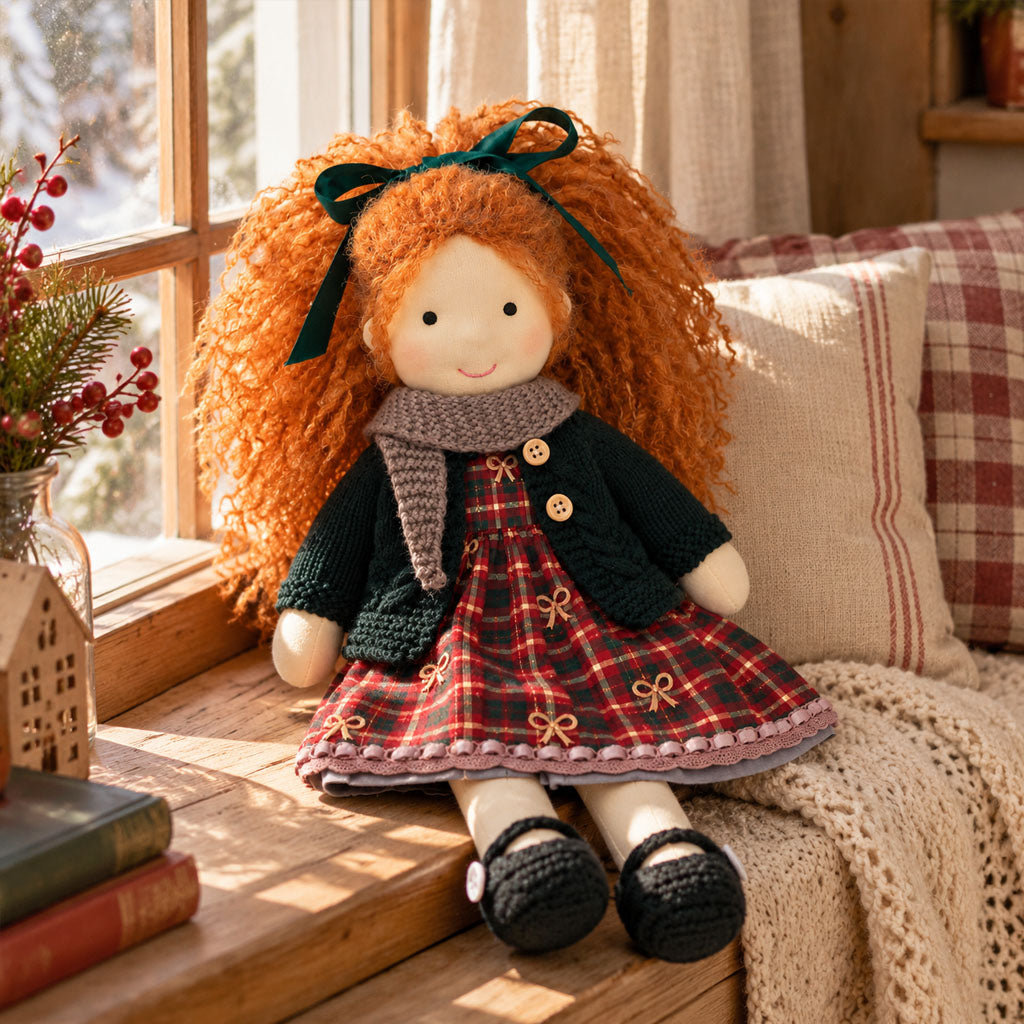 BlissfulPixie 12-Inch Waldorf Doll, Red Plaid Christmas Dress with Dark Green Knit Cardigan, Auburn Curly Hair & Matching Bow, Cute Holiday Gift for Kids