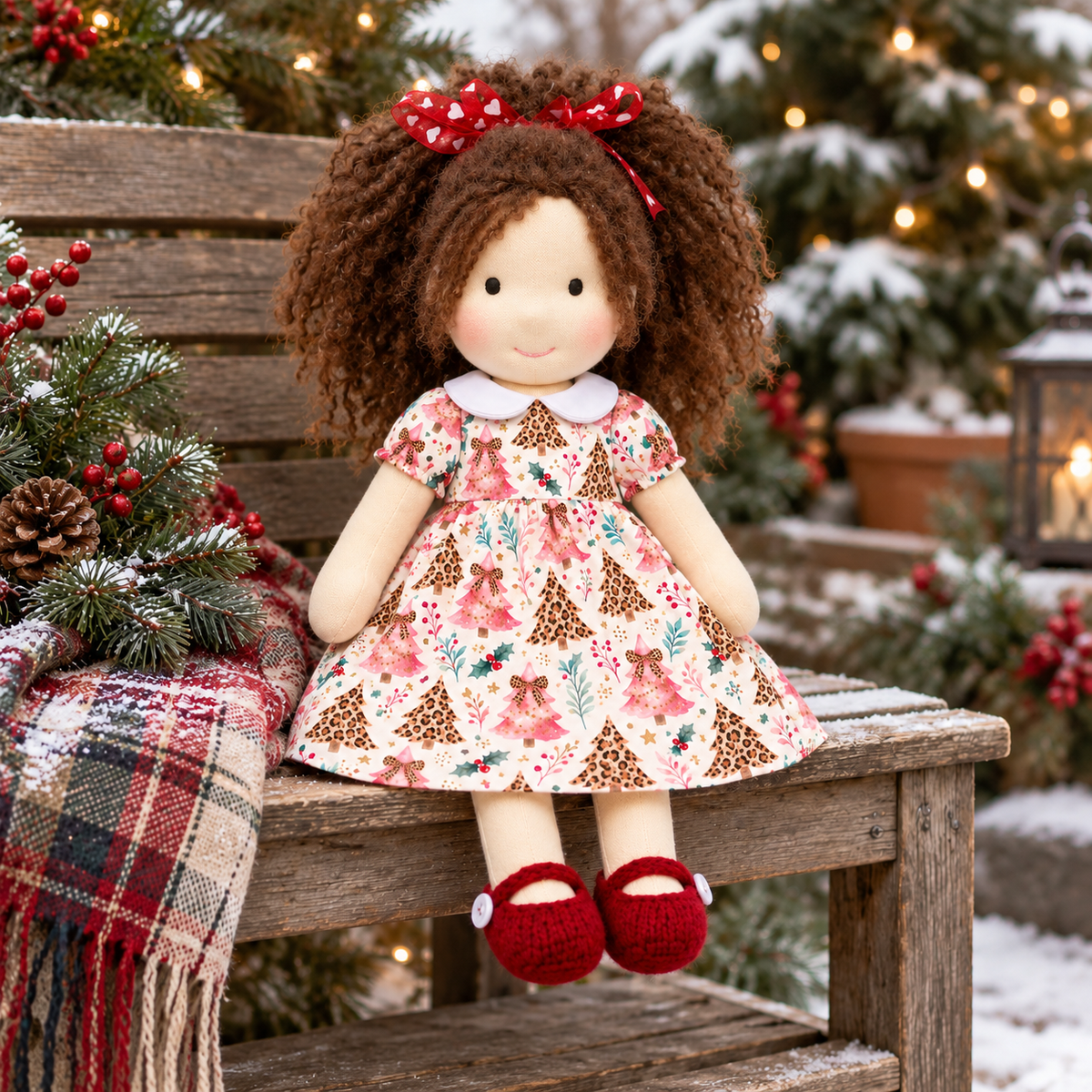 BlissfulPixie 12-Inch Handmade Waldorf Christmas Doll with Brown Curly Hair, Red Heart Bow, Pink Christmas Tree Dress & Red Knitted Shoes – Holiday Gift for Kids