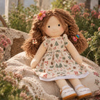 BlissfulPixie 12 Inch Waldorf Style Doll, Soft Fabric Girl Doll with Curly Brown Hair, Christmas Print Dress, Flower Hair Clip and White Bow Shoes, Holiday Gift for Kids