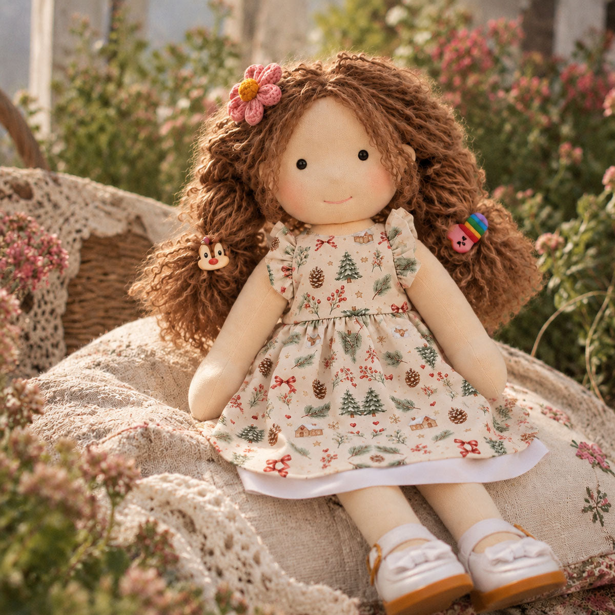 BlissfulPixie 12 Inch Waldorf Style Doll, Soft Fabric Girl Doll with Curly Brown Hair, Christmas Print Dress, Flower Hair Clip and White Bow Shoes, Holiday Gift for Kids