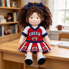 Blissfulpixie 12-Inch Handmade Waldorf Doll – Cheerleader Doll with Curly Brown Hair, Red & White Football Outfit, Bow Headband & Sneakers