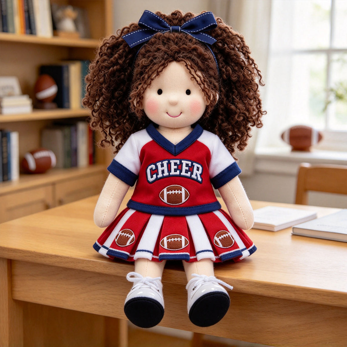 Blissfulpixie 12-Inch Handmade Waldorf Doll – Cheerleader Doll with Curly Brown Hair, Red & White Football Outfit, Bow Headband & Sneakers