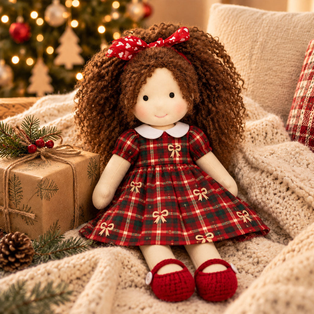 BlissfulPixie 12-Inch Waldorf Doll, Red and Green Plaid Christmas Dress, Curly Brown Hair with Red Heart Bow, Red Knit Mary Jane Shoes, Cute Holiday Gift for Kids