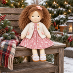 BlissfulPixie 12-Inch Handmade Waldorf Christmas Doll with Brown Curly Hair, Pink Holiday Dress, Cream Knitted Cardigan & Bow Shoes – Christmas Gift for Kids
