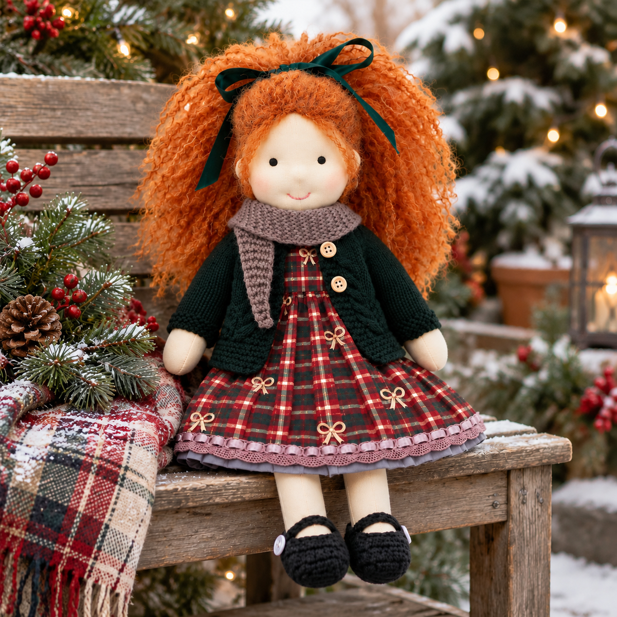 BlissfulPixie 12-Inch Handmade Waldorf Christmas Doll with Orange Curly Hair, Green Knitted Cardigan, Red Plaid Holiday Dress & Cozy Scarf – Christmas Gift for Kids