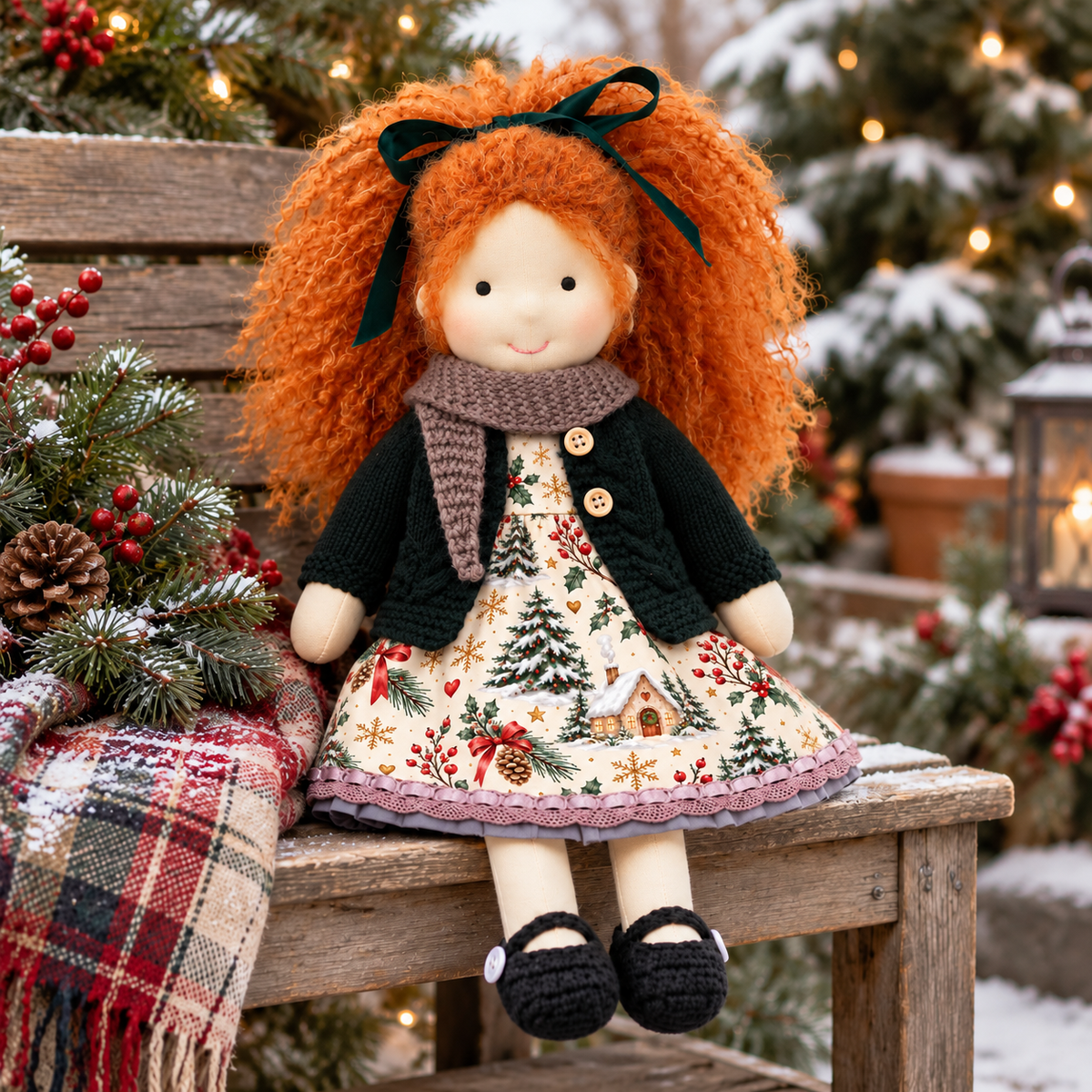 BlissfulPixie 12-Inch Handmade Waldorf Christmas Doll with Orange Curly Hair, Green Knitted Cardigan, Cozy Scarf & Festive Holiday Dress – Christmas Gift for Kids