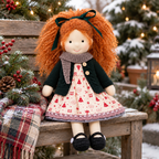 BlissfulPixie 12-Inch Handmade Waldorf Christmas Doll with Orange Curly Pigtails, Green Knitted Cardigan, Festive Christmas Tree Dress & Brown Shoes – Holiday Gift for Kids