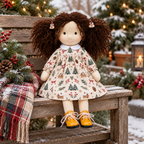 BlissfulPixie 12 Inch Waldorf Doll, Soft Fabric Girl Doll with Curly Brown Hair, Christmas Tree Print Dress and Lace-Up Shoes, Holiday Gift for Kids (Copy)