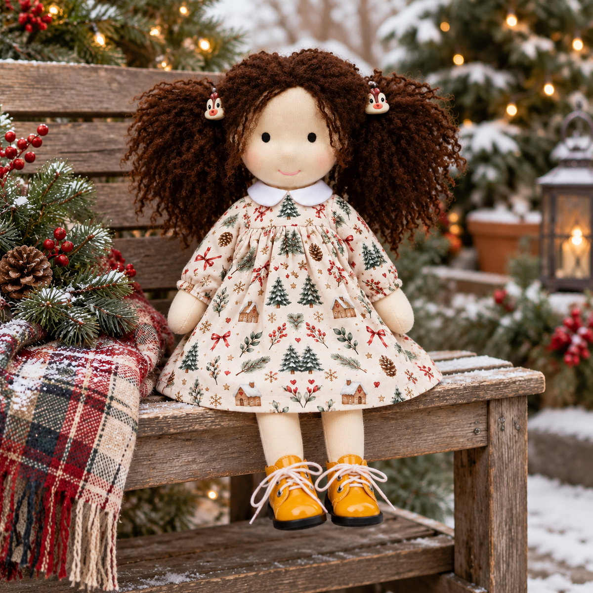 BlissfulPixie 12 Inch Waldorf Doll, Soft Fabric Girl Doll with Curly Brown Hair, Christmas Tree Print Dress and Lace-Up Shoes, Holiday Gift for Kids (Copy)