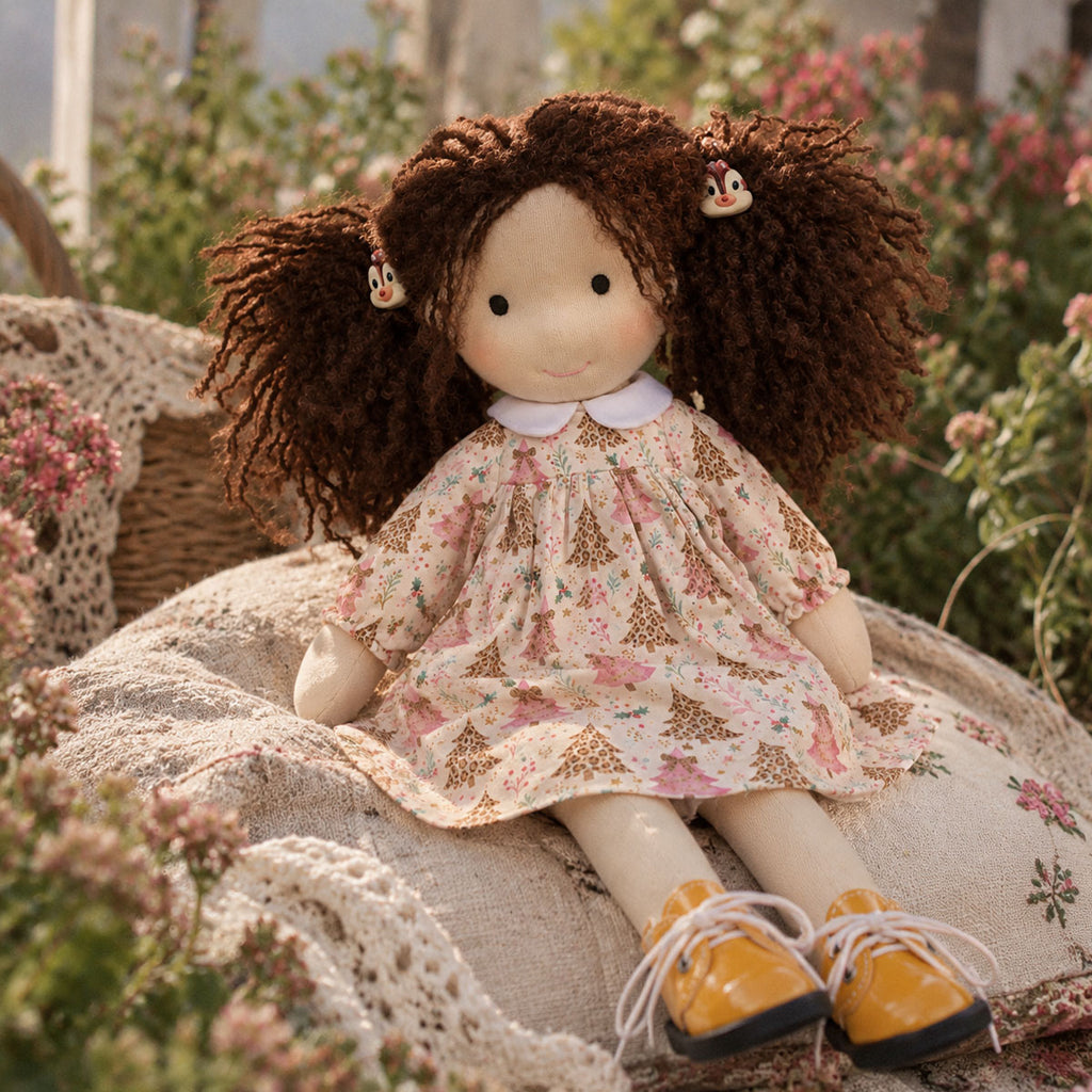 BlissfulPixie 12 Inch Waldorf Doll, Soft Fabric Girl Doll with Curly Brown Hair, Christmas Tree Print Dress and Lace-Up Shoes, Holiday Gift for Kids